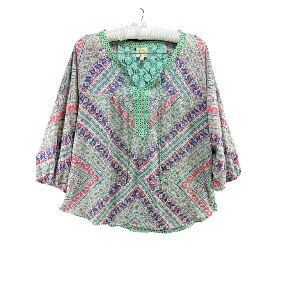 Fig & Flower Womens L Boho Floral Blouse Lace Back Mixed Print Peasant Top